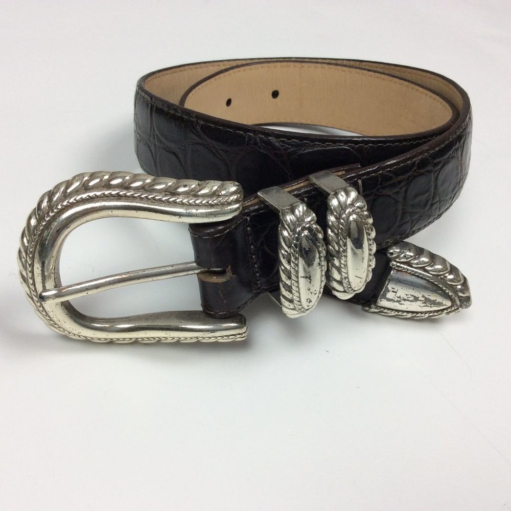 VTG Brighton Womens Brown Croc Leather Western Belt Silver Buckle Sz S 44909 Y2K